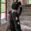 Women's T Shirts E-girl Style Patchwork Black T-shirts Gothic Open Shoulder Sleeve Y2k Crop Tops Ruffles Hem Hip Hop Techwear Women Tee