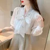 여자 블라우스 Qoerlin Pink Shirt Bow Sweet Fashion 자수 레이스 업 흰 나비 랜턴 슬리브 우아한 시폰 블라우스 여성