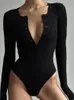 Women's Jumpsuits Rompers Cryptographic Button Up Solid Ribbed Knitted Long Sleeve Bodysuits for Women Elegant Slim Tops High Rise Bodysuit Spring 230308