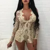 Womens Two Piece Pants Peling Fashion Embroidery Sexy Two Piece Sets Women Lace V Neck Hollow Out Cardigan And Shorts Nightclub Perspective Outfits 230310