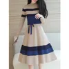 Vestidos casuais outono de inverno de inverno elegante moda listrada listrada de cinto de malha de malha de malha de malha retro manga longa manto doce y2302