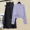 Two Piece Dres Winter Patchwork Long Sleeve Knitted Tops Asymmetric Skirt 2 Suit Female Party Elegant Set 230310
