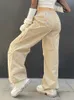 Women's Pants Capris Weekeep Light Khaki Cargo Pants Streetwear 100% Cotton Big Pocket Patchwork Casual Pants Drawstring Low Waist Baggy Trouser Lady L230310