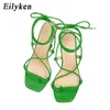 Ny modedesign Green Sandals Womens Summer Square Toe Stiletto klackar Ankel Lace Up Ladies Party Dress Shoes Storlek 42 230306