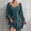 Casual Dresses Summer Women High Street Green Polka Dot Print Vneck Waist Skirt Irregular Long Sleeve Elegant Mini Vestidos 230308