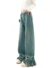 Women's Jeans Blue Ruffled Straight Jeans Women's Korean Baggy Loose High Waist Wdie Leg Washed Flare Pants Mopping Trousers Female Spring 230310