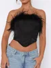 Débardeurs Femme Wsevypo Plumes Garniture Bandeau Tube Tops Été Chic Sans Manches Hors Épaule Sans Bretelles Bustiers Crop Top Party Club Dos Nu