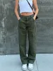 Damesbroek capris heyoungirl casual vintage groene vrachtbroek vrouwen mode katoen hoge taille jeans leger militaire denim broek dames zakken 230310