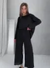 女性用スリープウェアヒロック黒いリブ付きホームスーツ