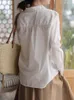 البلوزات النسائية Qoerlin Spring قمصان بيضاء من القطن مطرزة بلوزة زهرية عتيقة قميص أنيقة الزر الطويل الأكمام الزر لأعلى قمم لأعلى