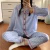 女性用スリープウェア日本語スタイルの格子縞のパジャマの女性睡眠睡眠ラペルピジャマかわいい服パジャマ2ピースパンツセットラウンジウェアPJスーツ230310