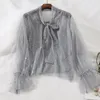 Camicette da donna Camicetta a rete con paillettes lucide da donna Top con camicette Camicie da donna con maniche svasate in voile Camicia con fiocco da donna Set da 2 pezzi