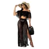 Werkjurken vrouwen tweedelige set sexy Zie door haakkikker tassel uit hol uit van schouder crop top split maxi rokpak strand bikini cover