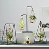 Nordic Gold Geometric Hanging Tealight Holder with 10" Tall Black Iron Stand Pentagon Metal Wire Candle Lantern Modern Centerpieces