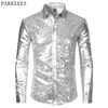 Men's Casual Shirts Silver Metallic Sequins Glitter Shirt Men Party Halloween Costume Chemise Homme Stage Performance Shirt Male 230309