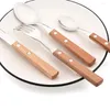 Dinnerware Sets 4/1Pcs Wooden Handle Cutlery Set Mirror 304 Stainless Steel Wood Spoon Knife Fork Dinner Tableware Kitchen