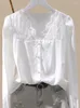 Women's Blouses Lace Patchwork White Women Shirts Summer Design 2023 V-hals Lange mouwen elegante kantoor dame uit het daman