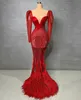 Mermaid Red Prom Dresses Long Sleeves V Neck Bead Lace Satin Appliques Sequins Floor Length Celebrity Feather Train Evening Dress Bridal Gowns Plus Size Custom