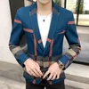 남자 정장 남자 블레이저 2023 패션 영국 스타일 인쇄 디자인 스티칭 패턴 줄무늬 슬림 캐주얼 고품질 의류 재킷