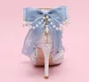 Princess Designer Bowtie Cinderela fitas estiletas Mulheres Royal Style Hight Heel Wedding for Bride Pumps Wedding Party Party