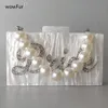 Evening Bags Luxury Brand Pearl White With Silver Glitter Bride Mini Letters Graphic Chain Mirror Acrylic Box Clutches Purse Hand bag 230309