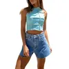 Women's T Shirts Women's Crew Neck Tank Tops Summer Sleeveless Color Block Patchwork Stitch Crop