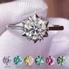 Cluster Rings Real Moissanite Ring 6.5mm 1CT Gemstone Diamonds Wedding Blue Cyan Pink Red Yellow Green Sterling Silver For WomenCluster