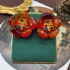 Earings French romantic gradient color red, green, blue, milky white plum blossom, rhinestone, flower stamen, middle ancient earrings, fog gold ear clip