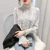 Women's Blouses Korea Beading Flounce Blouse Women OL Office Ladies Business White Shirt High Neck Frilly Ruffle Cuffs Shirts Female