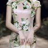 Abbigliamento etnico Tradizionale Cheongsam Stampa Fiore Donna Raso Qipao Elegante abito da sera lungo con collo alla coreana Spacco alto cinese
