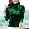 Kvinnors blusar Fashion Green Gold Velvet Top Autumn Winter Floral Printed Shirt Women Half High Collar Pullovers Blus