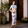 Etniska kläder Dubbel satin blommor tryckt qipao kvinnor sexig smal mandarin krage kväll cheongsams vintage knapp oriental kinesisk klänning