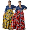 Etniska kläder plus storlek 4xl Swing Dress African kläder Kvinnor Trendiga vintage lapptäcke randig tryckt Maxi Robe Boho Beach Partyclub