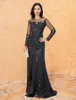 Abito lungo da sera lungo a sirena nera Abito da cerimonia con scollo a illusione Manica lunga Gioiello Paillettes Pizzo Celebrity Prom Abiti da festa Robe de soiree 2023