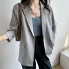 Women's Suits & Blazers Summer Elegant Thin 3/4 Sleeve Turn Down Collar Blue Blazer Coat Linen Casaco Feminino Tops For WomenWomen's