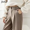 Pantaloni da donna Capris Jielur Pantaloni di lana a gamba larga Nero Khaki Pantaloni invernali da donna stile coreano a vita alta Pantaloni lunghi dritti larghi 230310