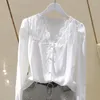 Women's Blouses Lace Patchwork White Women Shirts Summer Design 2023 V-hals Lange mouwen elegante kantoor dame uit het daman