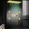Ceiling Embedded 700*380mm LED Shower Head Brushed Gold Temperature Display Thermostatic Shower Faucet Set