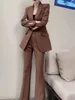 Kvinnors kostymer blazers koreanska mode vintage kvinnor blazer pantsuit office formell knappdräkt jackor raka byxor kläder kvinnliga 2 stycken set 230310