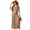 Werkjurken vrouwen tweedelige set sexy Zie door haakkikker tassel uit hol uit van schouder crop top split maxi rokpak strand bikini cover