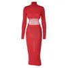 Casual Dresses Elegant Fashion Woman Cut Out BodyCon Mid-Calf Party Dress 2023 Spring Office Lady High High Collar Hollow