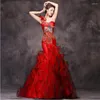 Abbigliamento etnico Rosso Donna Cinese Matrimonio Vestido Donna Sexy Lungo Qi Pao Fishtail Moderno Cheongsam Abito tradizionale Qipao