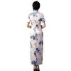 Etniska kläder Dubbel satin blommor tryckt qipao kvinnor sexig smal mandarin krage kväll cheongsams vintage knapp oriental kinesisk klänning