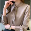 Women's Blouses Elegant Women Shirt Long-sleeve Blouse 2023 Spring Ribbon Womens Tops Satin Shirts Silk OL Solid Female Clothing