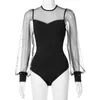 Womens Jumpsuits Rompers Sexy Pearl Mesh Puff Sleeve Bodysuit Women Tops See Through Skinny Bodycon Body Suit Basic Black Bodysuits 230308