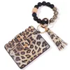 الحزب لصالح سوار سوار SLEED BEAD LEOPARD BAG WOOD BEDEDED PU LEATHER CEYCHAIN ​​WALLET WALLET مع SNAP RRA