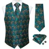 Men's Vests Teal Green Paisley 100% Silk Formal Dress Vest Men's Suit Vest Waistcoat Tie Brooch Pocket Square Set for Tuxedo DiBanGu 230310