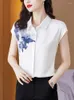 Women's Blouses Silk Women's Shirt 2023 Summer Vintage Ink Printed White Short Sleeve Blouse Fashion Clothes Woman Basic Ladies Tops