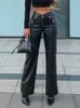 Женские брюки из искусственной кожи с криптографической надписью на молнии с высокой посадкой для клубных вечеринок, повседневные шикарные прямые брюки для женщин, брюки в готическом стиле, свободные 230309