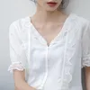 여성용 블라우스 Qoerlin Elegant V Neck Women Prom White Shirts Blouse 2023 여름 온화한 단일 가슴 여성 작업복 Tops Blusas